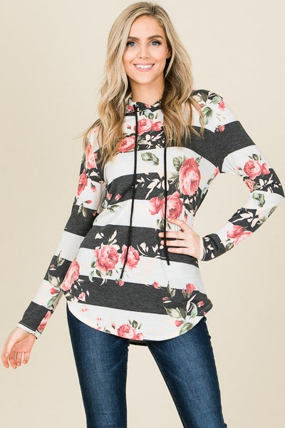 STRIPE FLORAL HOODIE TUNIC TOP