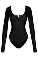 Thumb Hole Thermal Ribbed Knit Henley Bodysuit