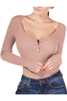 Thumb Hole Thermal Ribbed Knit Henley Bodysuit