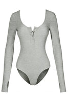 Thumb Hole Thermal Ribbed Knit Henley Bodysuit
