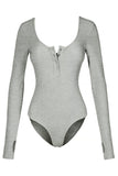 Thumb Hole Thermal Ribbed Knit Henley Bodysuit