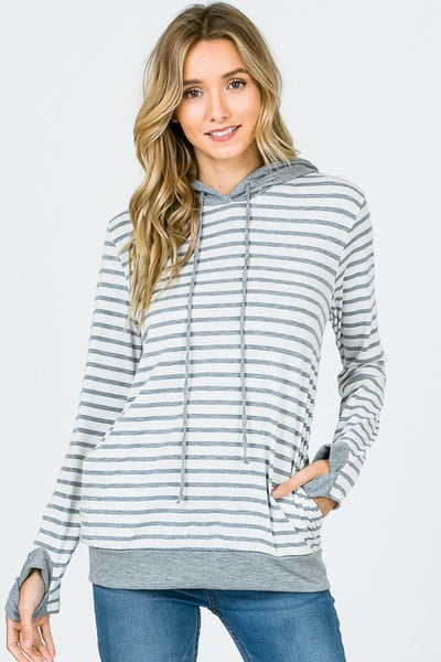 STRIPE LONG SLEEVE HOODIE - GREY/WHITE