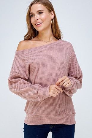 Off Shoulder Brushed Waffle Knit Sweater