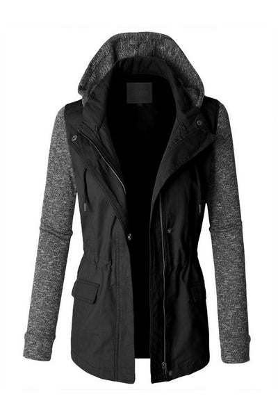 Military Anorak Jacket with Fleece Hoodie - Black