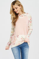FLORAL PRINT  AND SOLID CONTRAST  HOODIE -ROSE PINK
