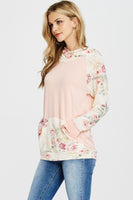 FLORAL PRINT  AND SOLID CONTRAST  HOODIE -ROSE PINK