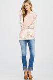 FLORAL PRINT  AND SOLID CONTRAST  HOODIE -ROSE PINK
