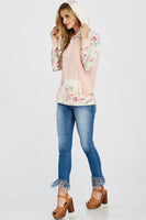 FLORAL PRINT  AND SOLID CONTRAST  HOODIE -ROSE PINK