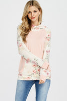 FLORAL PRINT  AND SOLID CONTRAST  HOODIE -ROSE PINK