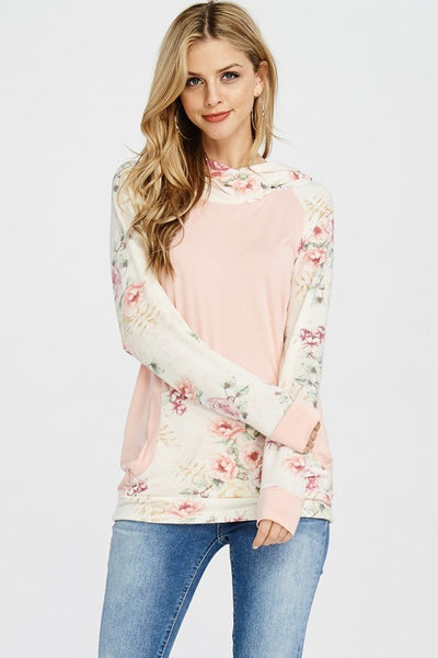 FLORAL PRINT  AND SOLID CONTRAST  HOODIE -ROSE PINK