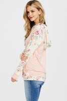 FLORAL PRINT  AND SOLID CONTRAST  HOODIE -ROSE PINK
