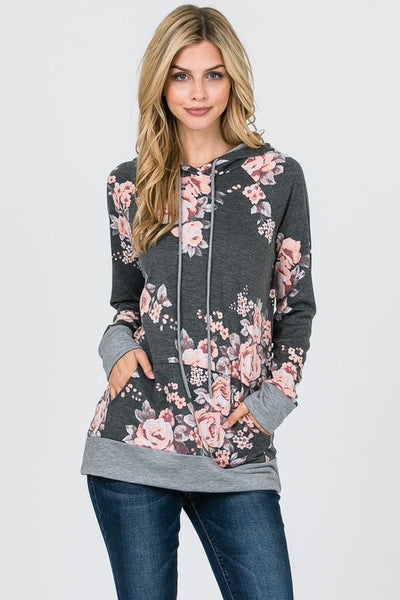 FRENCH TERRY FLORAL PRINT HOODIE