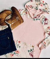 FLORAL PRINT  AND SOLID CONTRAST  HOODIE -ROSE PINK